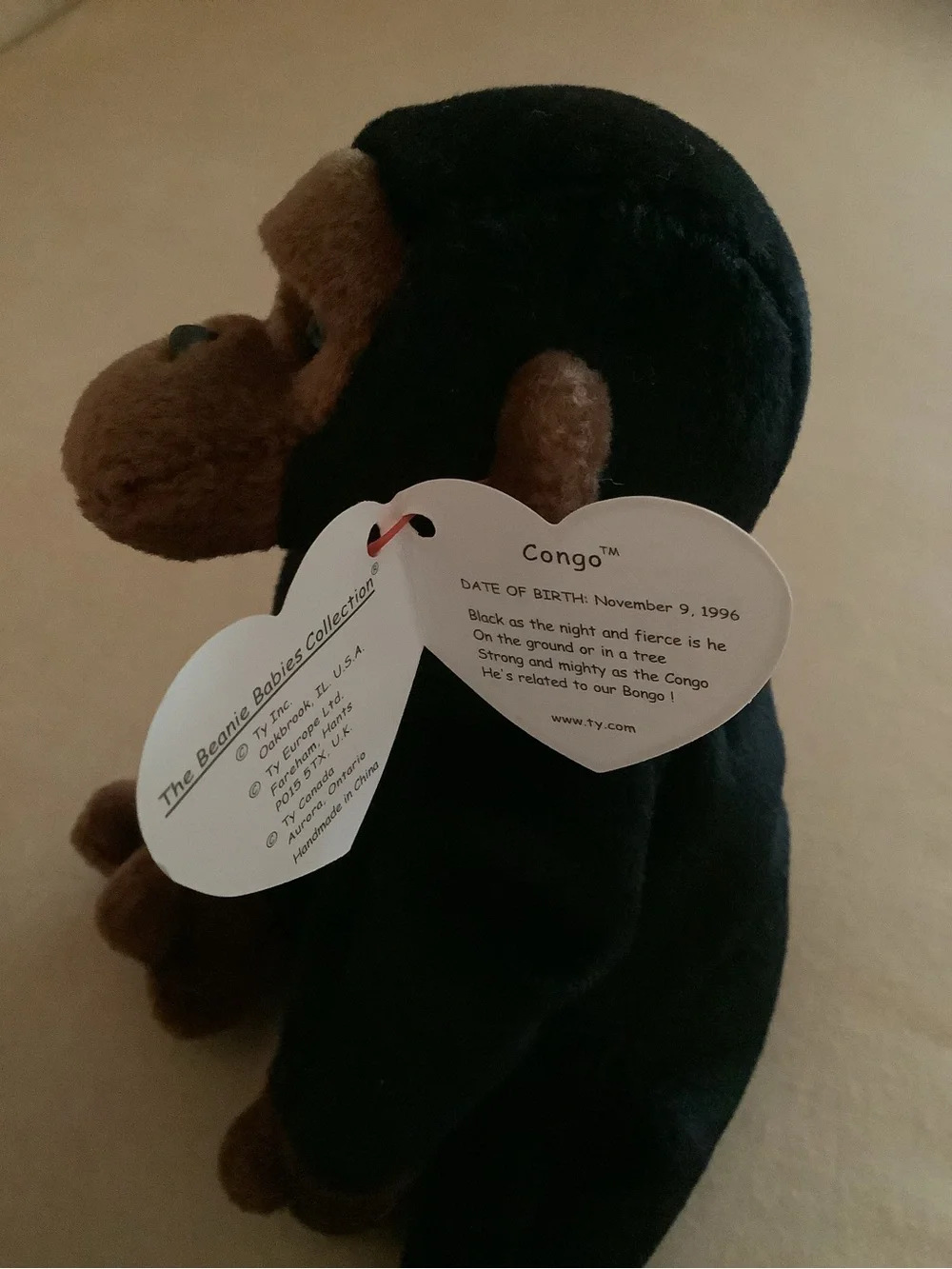 TY Beanie Baby Plush Monkey - Black and Brown - Congo